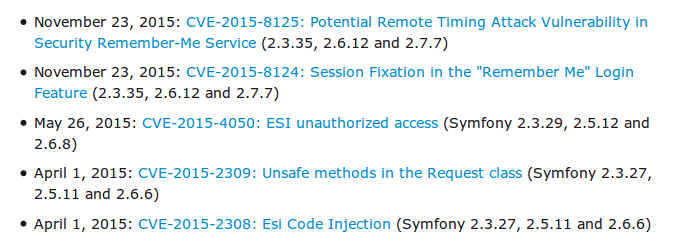 Liste erkannter und schwer wiegender Fehler in Symfony seit April 2015