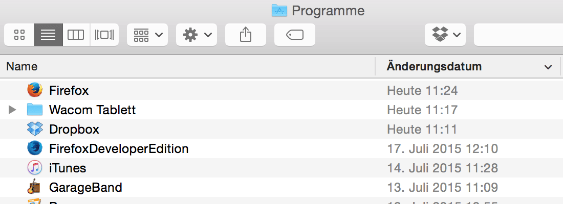 Screenshot vom Finder unter OS X aufsteigend nach Datum sortiert