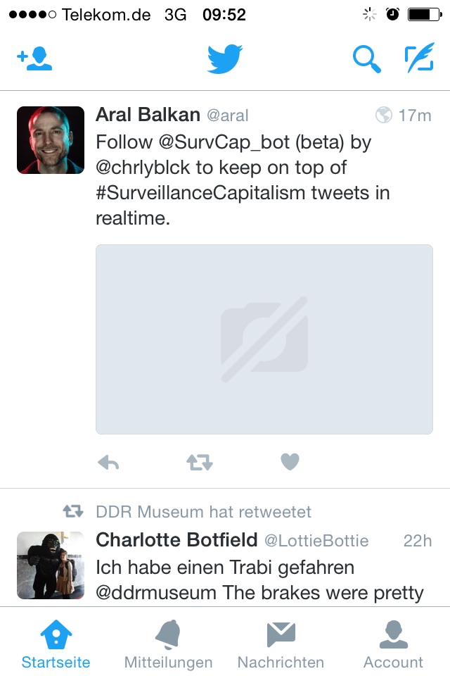 Screenshot Twitter-App, statt eingebettetem Bild nur graue Fläche mit durchgestrichenem Fofotapparat