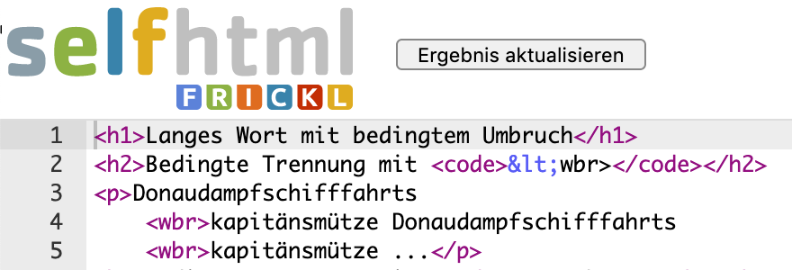 Screenshot Frickl-Quelltext mit Whitespace vor <wbr>