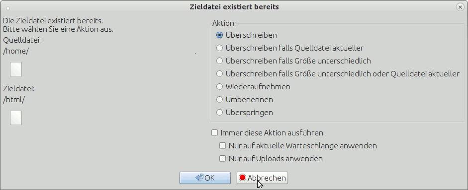 Filezilla-Dialog zum überschreiben einer bereits existierenden Datei