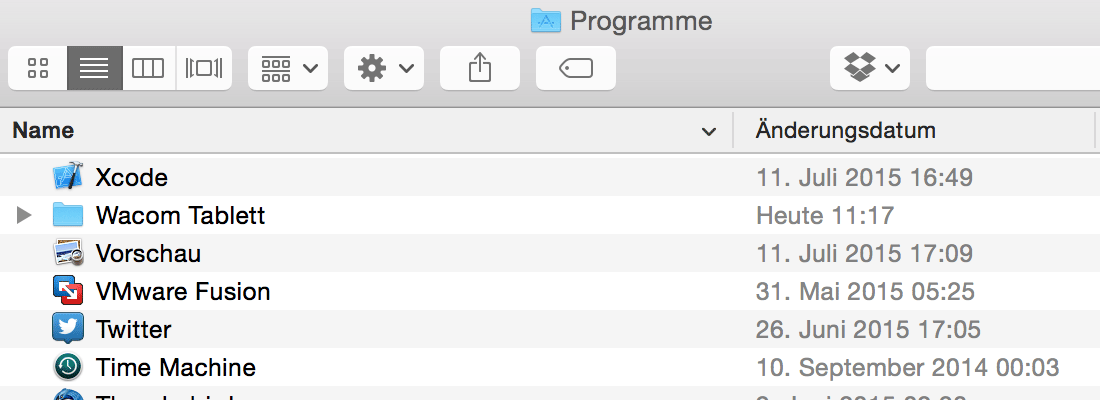 Screenshot vom Finder unter OS X absteigend nach Name sortiert