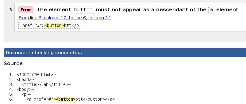 The element button must not appear as a descendant of the a element.
