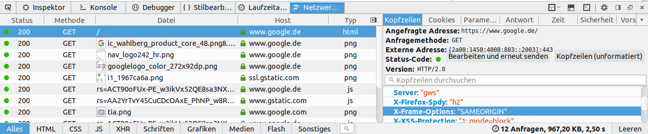 Screenshot der Netzwerkanalyse der Entwicklerwerkzeuge von Firefox