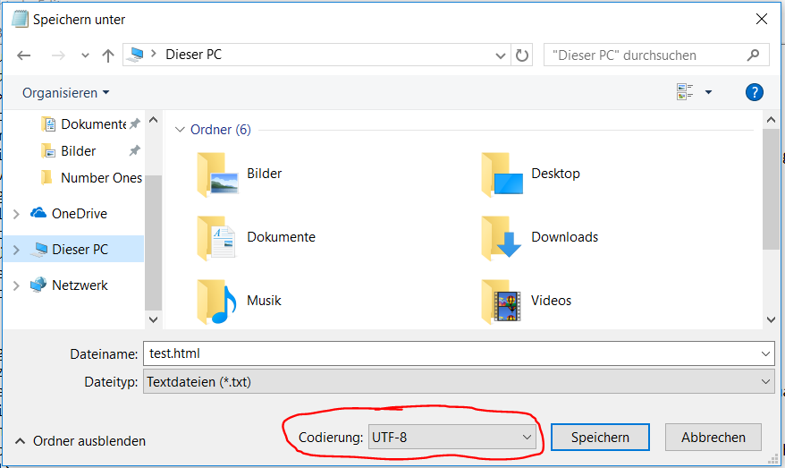 bei Codierung „UTF-8“ auswählen