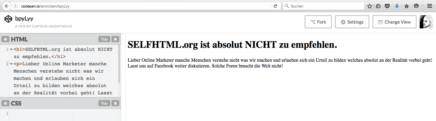 Screenshot von Julias Codepen: „SELFHTML.org ist absolut NICHt zu empfehlen.“