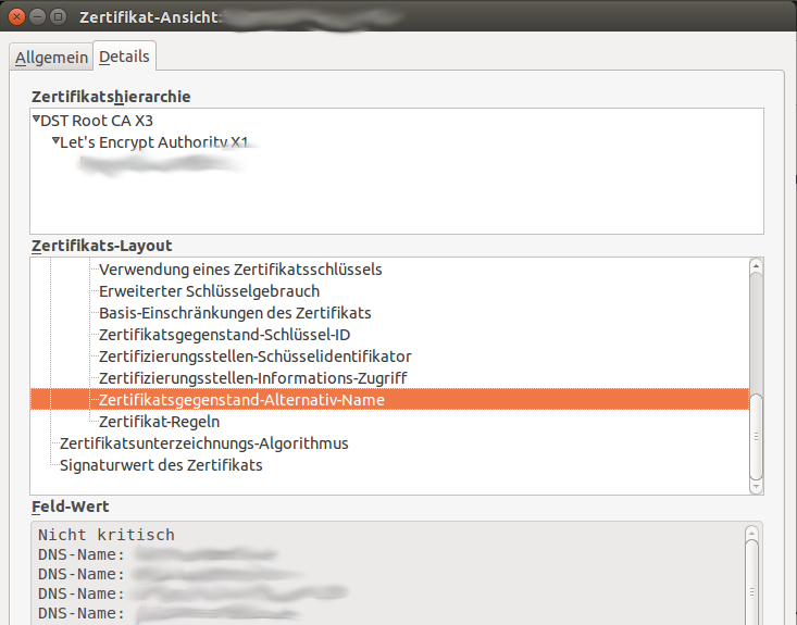 Zertifikatsansicht Let’s Encrypt Alternativ-Name