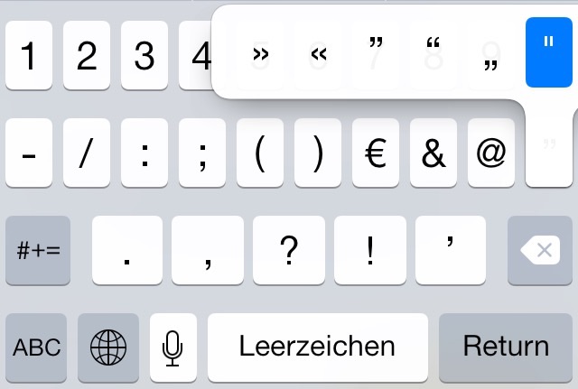 virtuelles Keyboard mit Menü für » « ” “ „ "