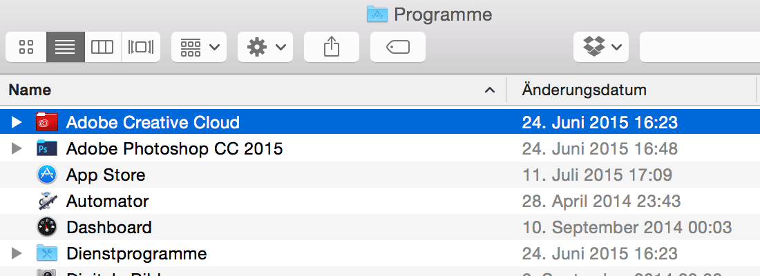 Screenshot vom Finder unter OS X aufsteigend nach Name sortiert