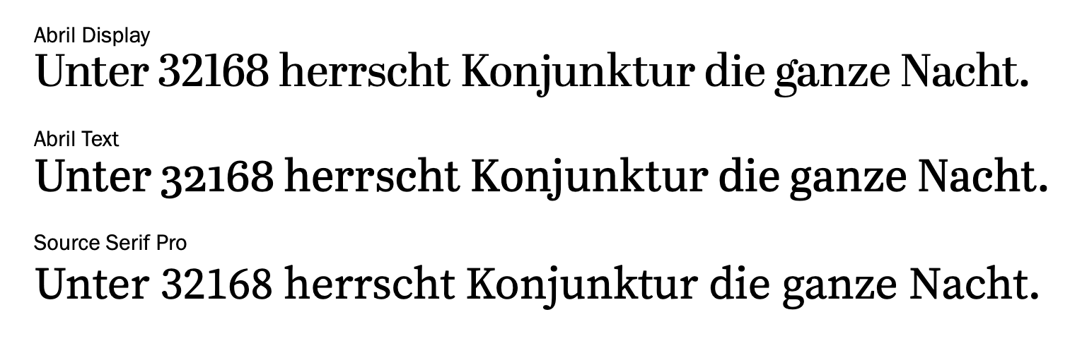 „Unter 32 16 8 herrscht Konjunktur die ganze Nacht“ gerendert in Abril Display, Abril Text und Source Serif Pro