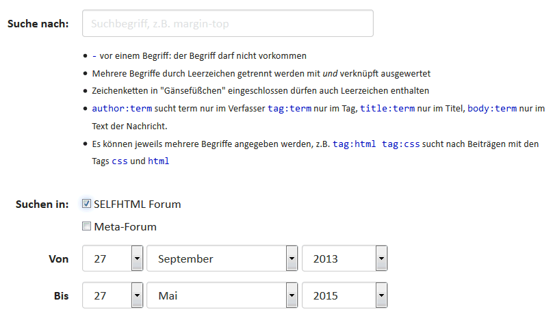 Eingabefelder des Prototypen der neuen SelfHTML-Suche
